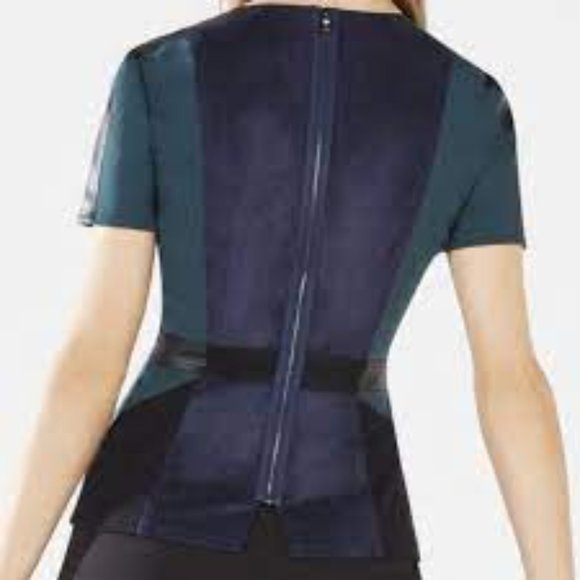 BCBGMaxAzria blue & black faux leather peplum top - Picture 3 of 6